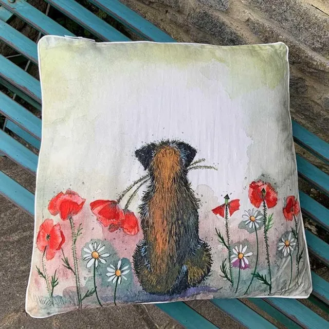 Alex Clark Art Sierkussen - Border & Poppies ~ Hond & Klaprozen - 45 Cm X 45 Cm Design