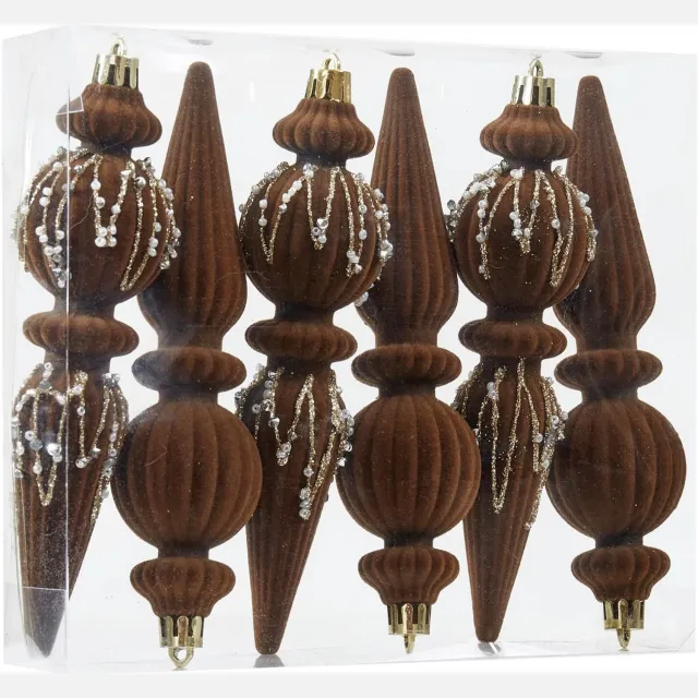 KZQ Set van 6 bruin fluwelen kerstballen, onbreekbare kunststof kerstornamenten van 17 cm voor in de kerstboom