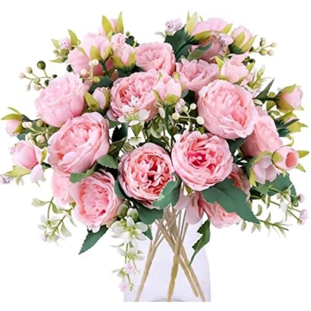 PromoHome Kunstbloemen Pioenrozen Set van 4 Bossen Roze Zijden Bloemen Boeket voor Tafeldecoratie Trouwfeest Home Decor
