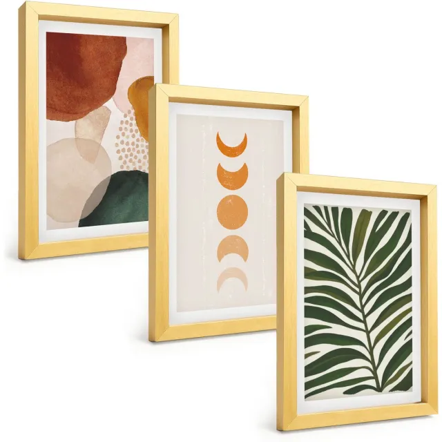 TULUP 4-Delige Schilderij Set - Abstracte vormen in warme kleuren en bladeren - 20 x 30 cm - Stijlvolle Muurdecoratie - Slaapkamer Gouden lijst