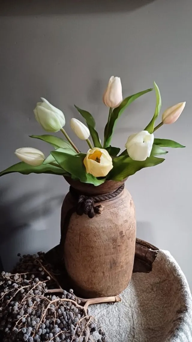 Vermeer 7 kunst tulpen Vermeer-boeket van 7 yellow/green combo kunsttulpen-Real Touch Vermeer tulip bundle Sally X7 yellow/green combo 31cm