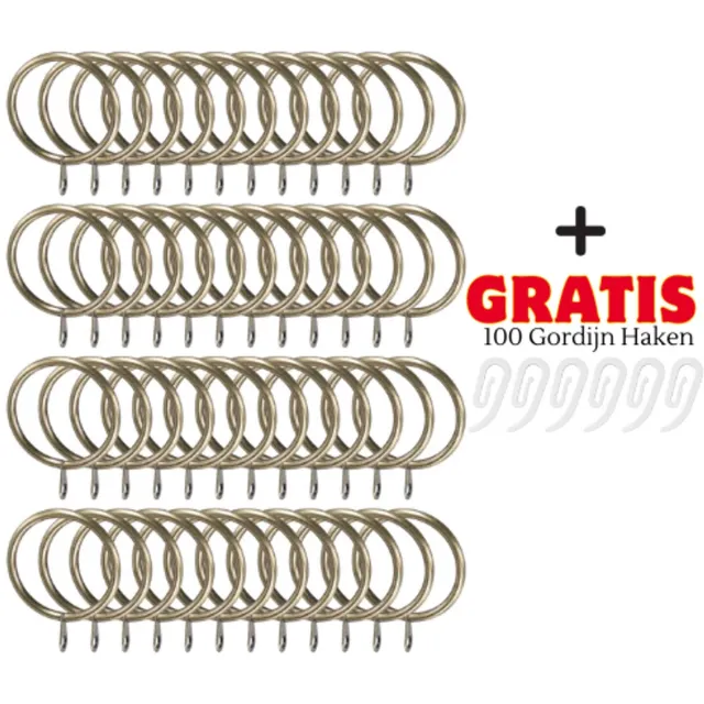 PromoHome 100 stuks metalen gordijnringen en Gratis 100 haken - 38 mm antiek bronzen gordijnringen, metaal voor stangen en railsystemen - roestvrije raamhangende ringen voor gordijnen - complete set 100-OudGoud