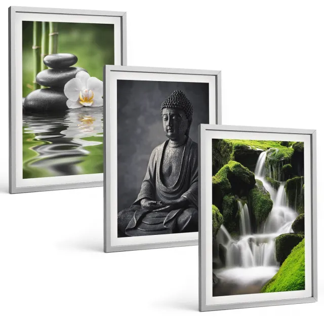 TULUP 4-Delige Schilderij Set - Rustgevende zen-afbeeldingen met water, stenen en Boeddha - 40 x 60 cm - Wanddecoratie - Schilderijen Set - Interieur - Interieur Decoratie Zilveren lijst