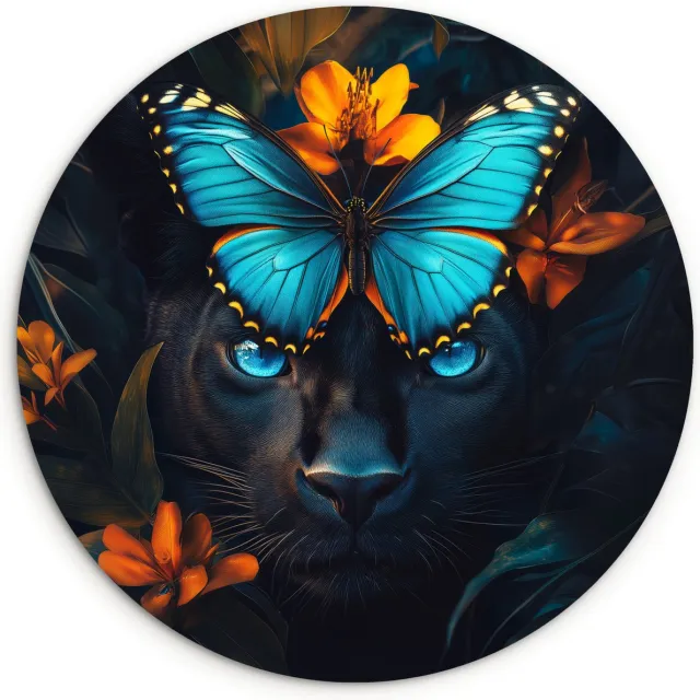 WallCircle Wandcirkel 60x60 cm - Muurcirkel Panter - Vlinder - Blauw - Bloemen - Natuur - Muurdecoratie woonkamer - Wanddecoratie slaapkamer - Kamer decoratie accessoires - Ronde schilderijen