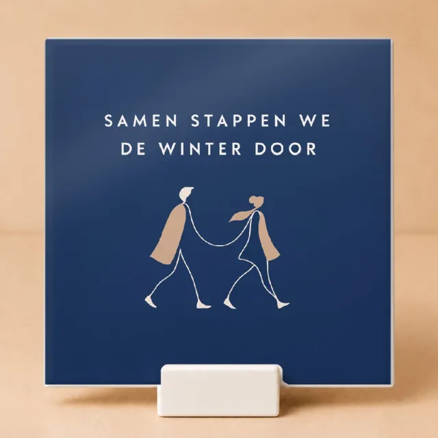 Bedruk King Minimalistische De winterwandelaar Tegel – Elegante one-line art decoratie voor winterliefhebbers en wandelaars - 15 x 15 cm met houder Wit