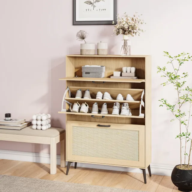 ROSAHQNDA Schoenenkast 80x24x114 cm, Scandinavische schoenenkast met rotan vlechtwerk, verstelbare legplanken voor 12-15 paar schoenen, minimalistisch opbergmeubel voor hal, licht houtkleur Licht houtkleurig