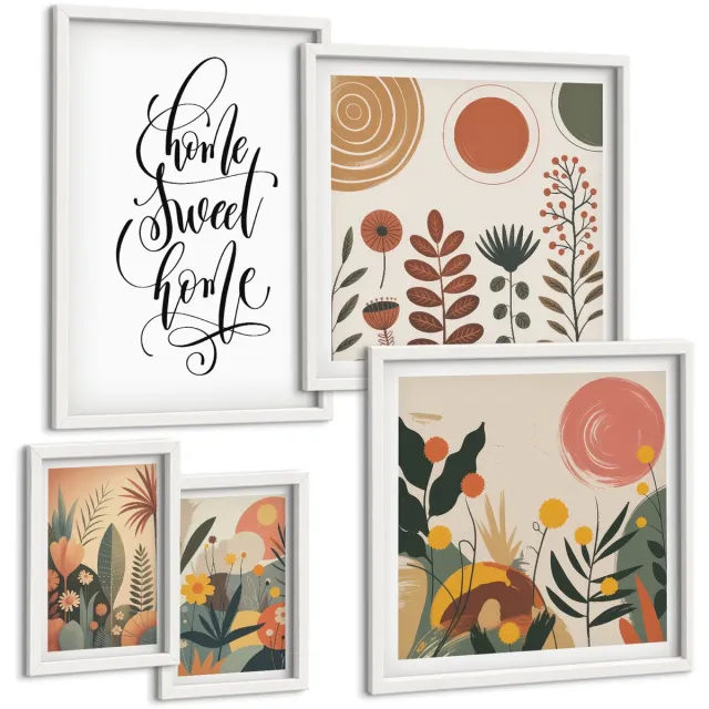 TULUP 4-Delige Schilderij Set - Stijlvolle decoraties met plantmotieven en opschriften. - 50 x 50 cm, 20 x 30 cm en 40 x 60 cm - Schilderijen Set - Wanddecoratie - Woonkamer Witte lijst