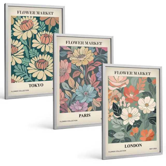 Coloray 3-Delige Schilderij Set - Bloemenposters Tokio Parijs Londen - 40 x 60 cm - Wanddecoratie - Muurdecoratie - Woonkamer Zilveren lijst
