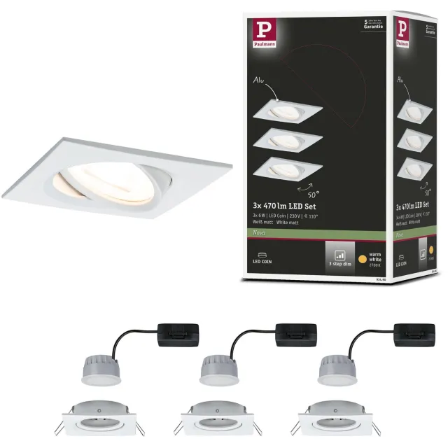 Paulmann LED-inbouwlamp 3-Step-Dim Nova Coin Basisset zwenkbaar hoekig 84x84 mm 50° Coin 3x6W 3x470lm 230V dimbaar 2700K Wit mat