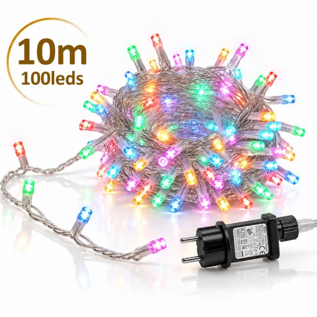 LAPAMAX LED Lichtsnoer - Kerstverlichting 10 m 100 LEDs Meerkleurig - Zonder Tail Plug - 31 V Laagspanning met Timer, Geheugen en 8 Lichtstanden - Kerstboomverlichting met Adapter en 3 m Aanloopsnoer