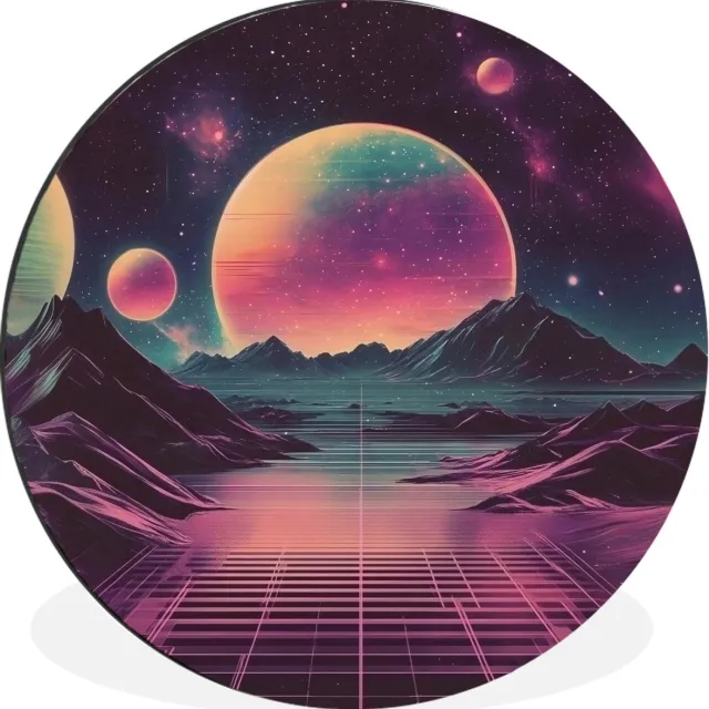 WallCircle Wandcirkel - Muurcirkel - Landschap - Planeten - Horizon - Paars - Aluminium - Dibond - 60x60 cm - Binnen en Buiten