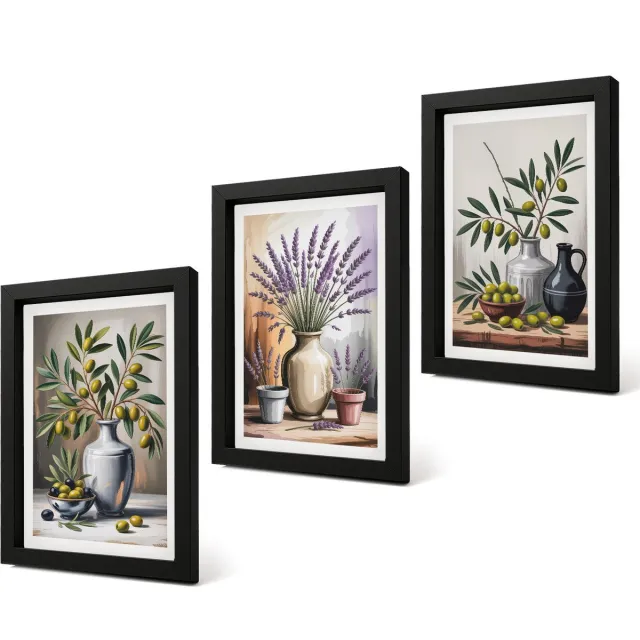 Coloray 4-Delige Schilderij Set - Bloemen en olijven in vazen ​​op een lichte achtergrond - 20 x 30 cm - Muurdecoratie - Decoratieve Schilderijen - Wohnzimmer - Wanddecoratie Zwarte lijst