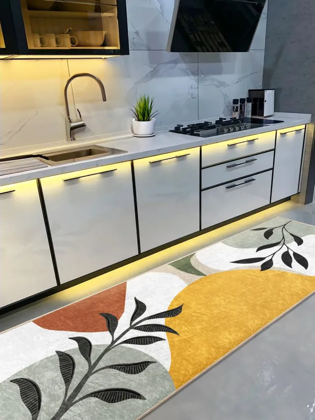 De Groen Home Vloerkleed 80x220cm Keukenloper - Blad patroon - Wasbaar Antislip - Laagpolig Zacht Tapijt Geel