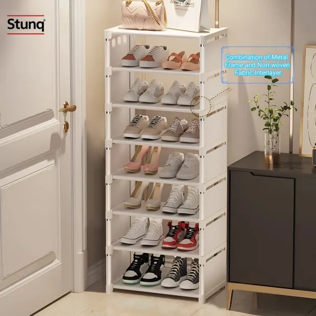 Stunq Schoenenrek 6 Lagen – Smal Wit Metalen Frame met Stoffen Tussenlagen – Ruimtebesparende Schoenenorganizer