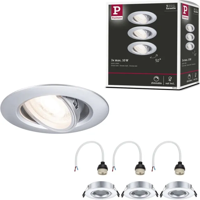 Paulmann Inbouwlamp Set van 3 zwenkbaar rond 90 mm 30° GU10 max. 3x10W 230V dimbaar Chroom mat