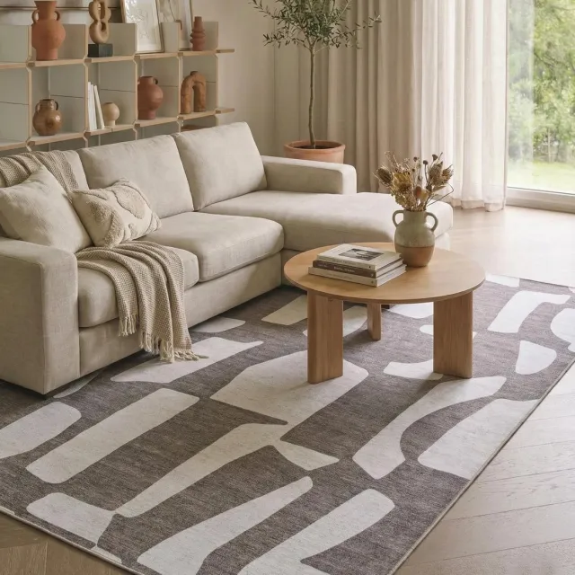 flycarpets Burano Abstract Vloerkleed - Bruin / Creme - Laagpolig Tapijt Woonkamer - 200x290 cm