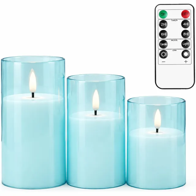 SWGOTA led kaarsen, 3 stuks per doos, lichtblauw met vlamvorm en verschillende hoogtes, inclusief afstandsbediening met timerknoppen en 1 knoopcel voor de afstandsbediening
