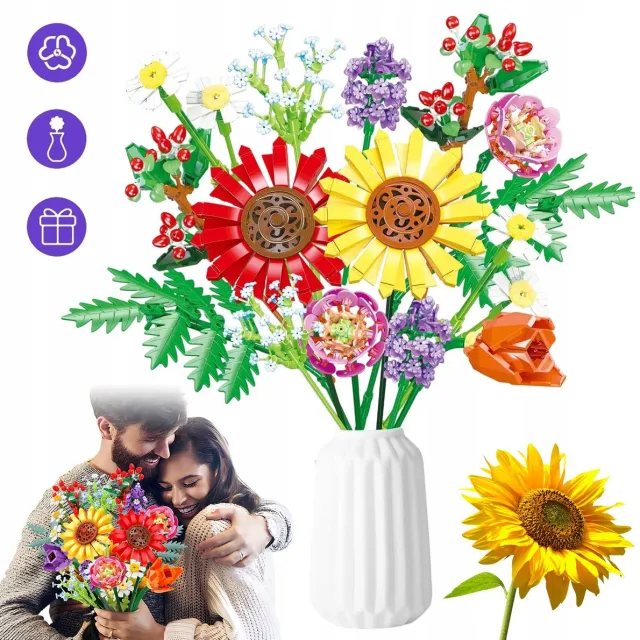 CHOOLY Boeket Bouwblokkenset Voor Een Duurzaam Doe-Het-Zelf Boeketdecoratie - 976 Onderdelen 8 Soorten 17 Bloemen - ABS-Materiaal Eenvoudig in Elkaar Te Zetten - Perfect Cadeau Voor Valentijnsdag Verjaardag En Jubileum Gemengde Kleuren