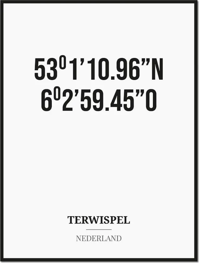 Studio216 Poster/kaart TERWISPEL met coördinaten zwart, wit