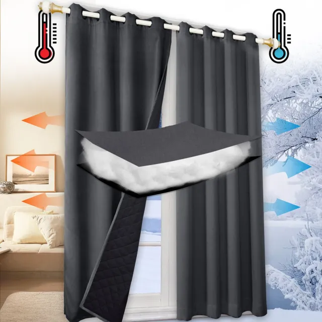 Qelus 100% Opaque Warmte-Koud Isolerend Gordijn met Ringen - Blokkeert Geluid - 1 stuk Verduisteringsgordijnen voor Woonkamer & Slaapkamer - 132x244cm - Voor Winter & Zomer - Gratis Bindband - Grijs