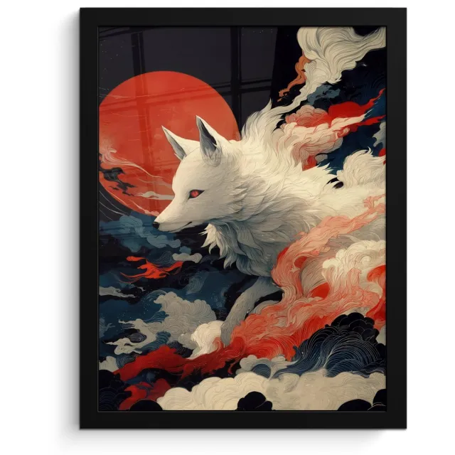 FrameYourWall Poster in lijst - Fotolijst 30x40 cm - Posters - Witte vos - wolken - maan - Posterlijst zwart - Decoratie - Wanddecoratie woonkamer - Muurdecoratie slaapkamer