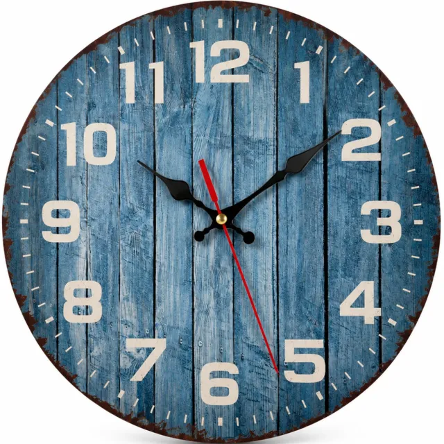 SWGOTA Stille ronde MDF-wandklok van 14 inch met blauwe houtlook, cijfers en wijzers, retro wanddecoratie