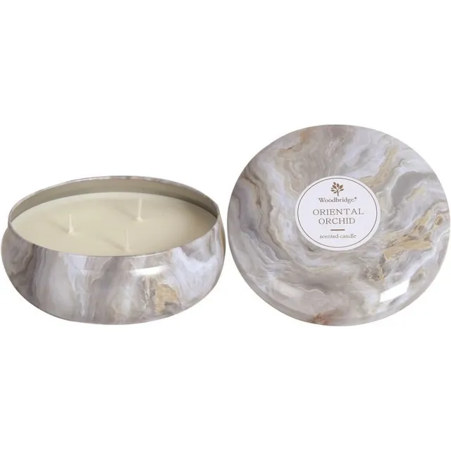 Woodbridge Oriental Orchid 470gr kaars in blik wit marmer