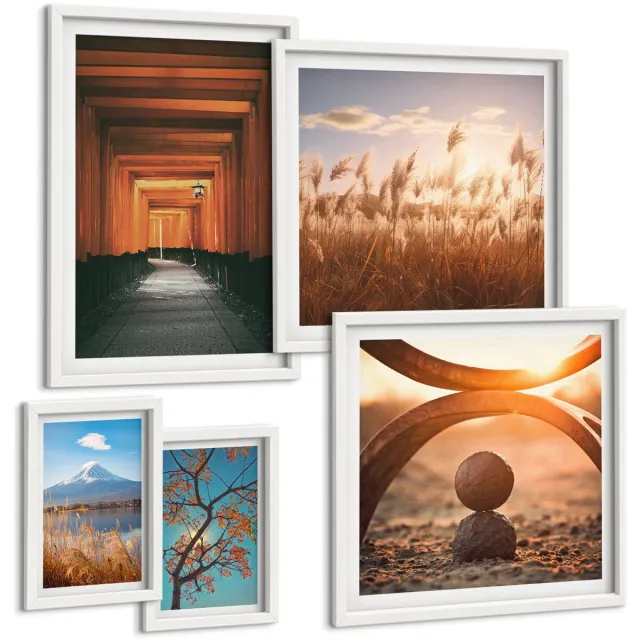 TULUP 4-Delige Schilderij Set - Rustgevende natuurlandschappen met zen- en harmonie-motieven. - 50 x 50 cm, 20 x 30 cm en 40 x 60 cm - Muurdecoratie - Wanddecoratie - Hal Witte lijst