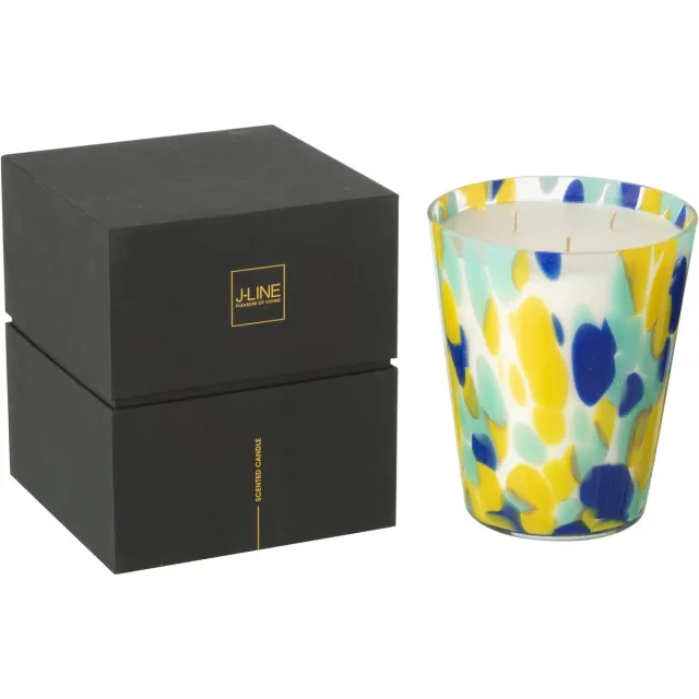 J-Line geurkaars Noa Strepen - White Tea - glas - blauw/geel - large - 95U Multi