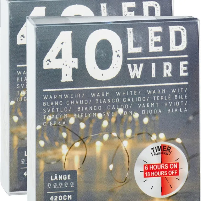 Cepewa Draadverlichting lichtsnoer - 2x - 240 cm - 40 leds - warm wit - batterij - timer - kerstverlichting