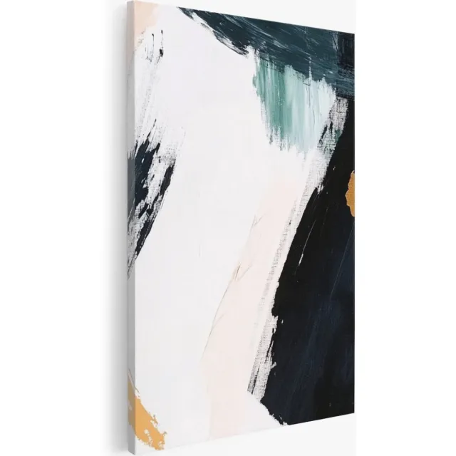 Saammp Canvas Schilderij - Wit - Penseelstreken - Goud - Abstract - 50x70 - Foto op canvas - Wanddecoratie - Muurdecoratie Woonkamer - Kantoor Decoratie Multicolor