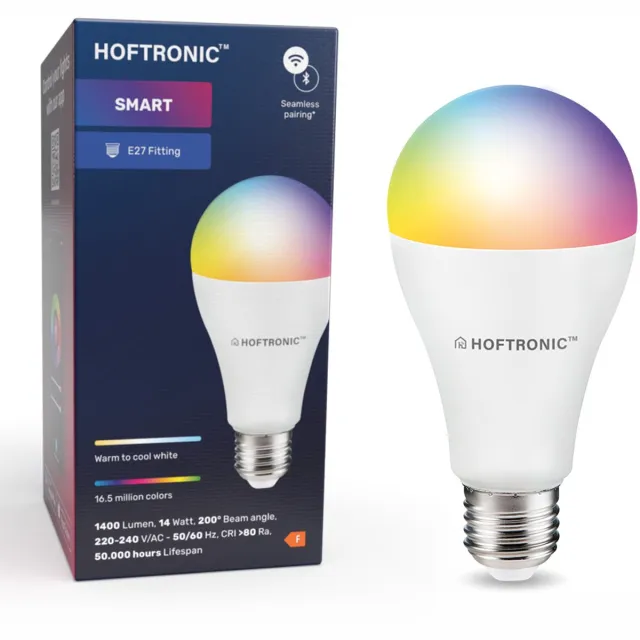 HOFTRONIC SMART 6x Hoftronic Smart - E27 smart lamp - LED - Besturing via app - WiFi - Bluetooth - Dimbaar - Slimme verlichting - A65 - 14 Watt - 1400 lumen - 230V - 2700-6000K - RGBWW - 16.5 miljoen kleuren - Grote fitting - Compatibel met alle smart assistenten