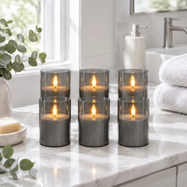 Froadp 6PCS LED-kaarsen met timerfunctie en afstandsbediening - Vlamloze, flikkerende batterijkaarsen voor thuis, bruiloften, kerstdecoraties en stijlvolle woonaccessoires Matgrijs