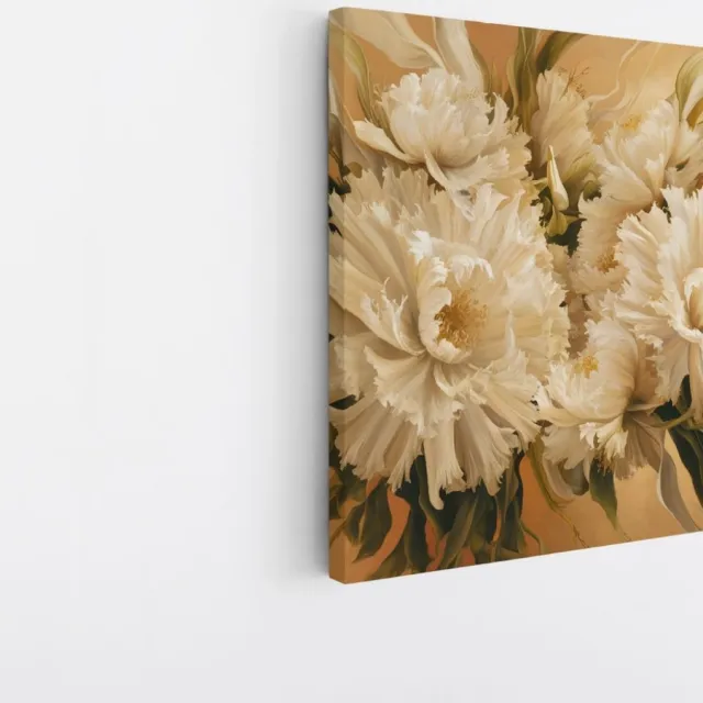 Saammp Canvas Schilderij - witte bloemen - Beige - Abstract - 100x100 - Foto op canvas - Wanddecoratie - Muurdecoratie Woonkamer - Kantoor Decoratie Multicolor