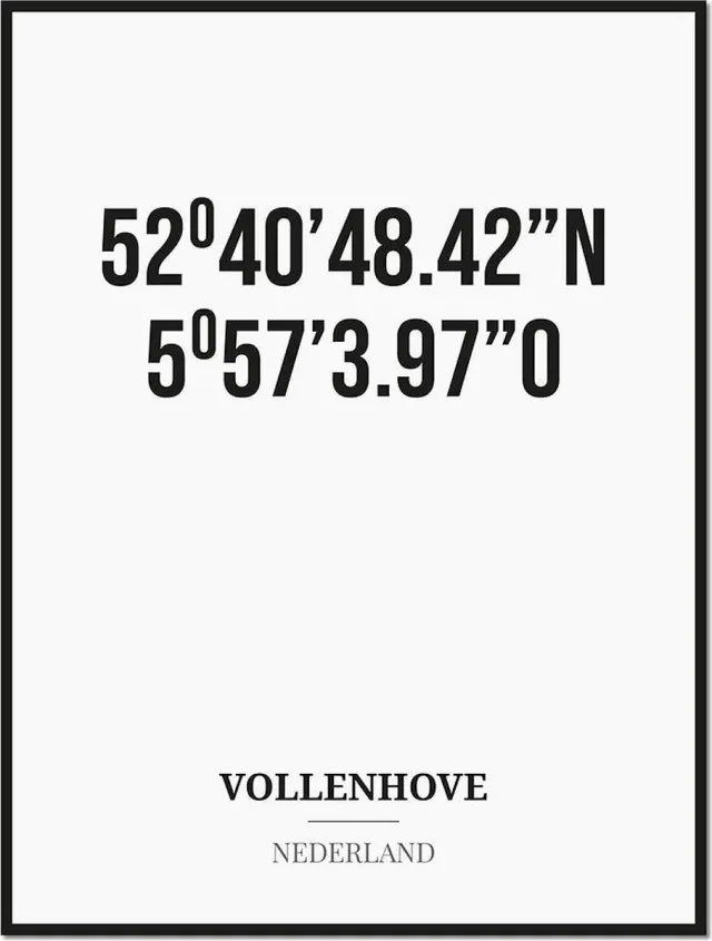 Studio216 Poster/kaart VOLLENHOVE met coördinaten zwart, wit