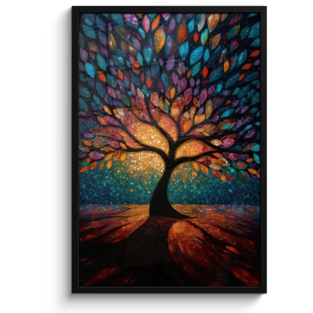 FrameYourWall Poster in lijst - Fotolijst 60x90 cm - Posters - Mozaïek - Kleurrijk - Boom - Takken - Posterlijst zwart - Decoratie - Wanddecoratie woonkamer - Muurdecoratie slaapkamer