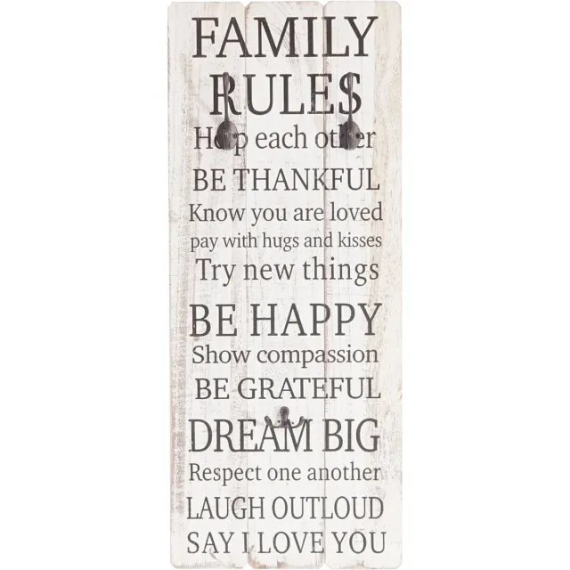 Cosmo Casa Wandkapstok Family Rules - kapstokpaneel - Shabby - Look Vintage met 3 haken - 76x31cm grijs