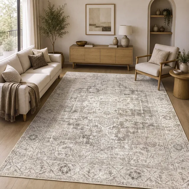 the carpet Zen: klassiek vintage woonkamertapijt in een moderne used-look, superdun, wasbaar, antislip onderkant Beige 80 x 150 cm beige ornament