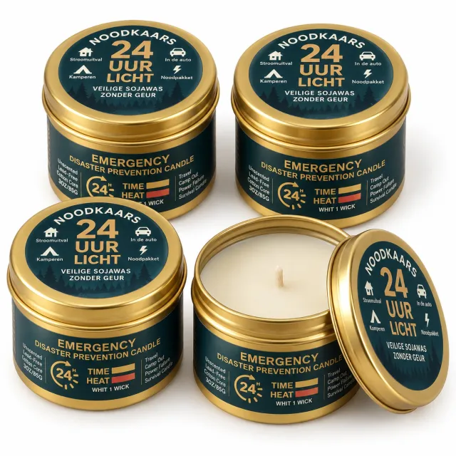 Reisgemak Noodkaarsen - Set van 4 - Sojawas Zonder Geur - Tot 24 Uur per Kaars - Blik met Deksel 4x Beige