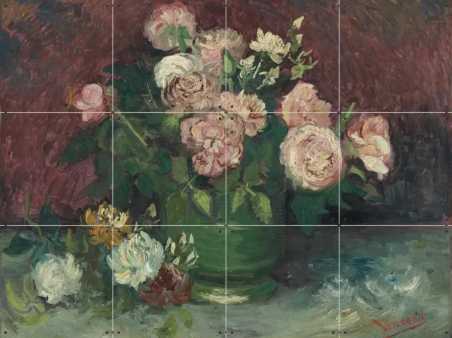 IXXI Rozen en pioenen, Vincent van Gogh (1853 - 1890) & Kröller-Müller Museum - 80 x 60 cm - Grote wanddecoratie en posters - Olieverf, Klassiek Roze / Warme kleuren