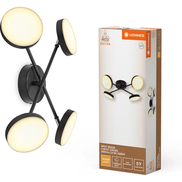 LEDVANCE Decor Spot Moon lamp zwart, 4 verstelbare lampkoppen gekruist, 21 W, 1120 lm, 3000 K, metalen behuizing, minimalistisch design, eenvoudige installatie, LED niet vervangbaar