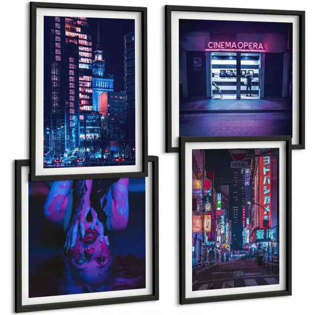 TULUP 4-Delige Schilderij Set - Nachtstad met neonlichten en bioscoopingang - 40 x 40 cm en 40 x 60 cm - Moderne Wanddecoratie - Slaapkamer Zwarte lijst