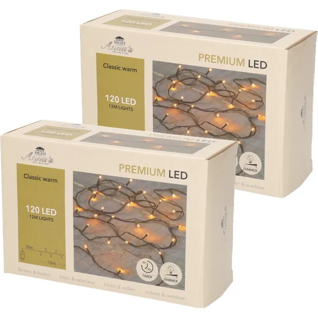 Anna's Collection Kerstverlichting - 2x - 120 LED lampjes - klassiek warm wit - 12 m - lichtsnoer - dimmer - timer - buiten