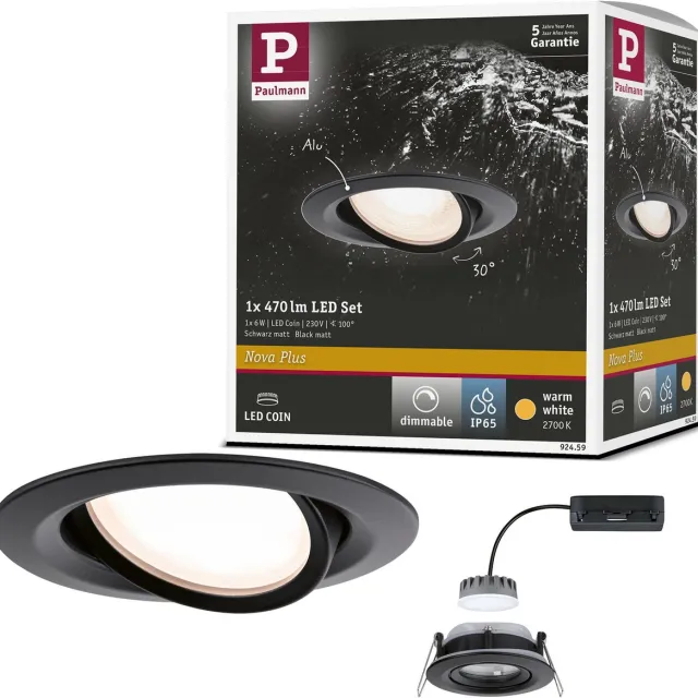 Paulmann LED-inbouwlamp Nova Plus Coin Enkele lamp zwenkbaar IP65 rond 93 mm 30° Coin 6W 470lm 230V dimbaar 2700K Zwart mat