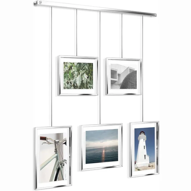 Exhibit Fotocollage Fotolijst - Flexibele fotolijstjes voor horizontale en diagonale bevestiging, voor 5 foto's, kunstdrukken, foto's, 10 x 15 en 13 x 18 cm, chroom, 5 frames zilver