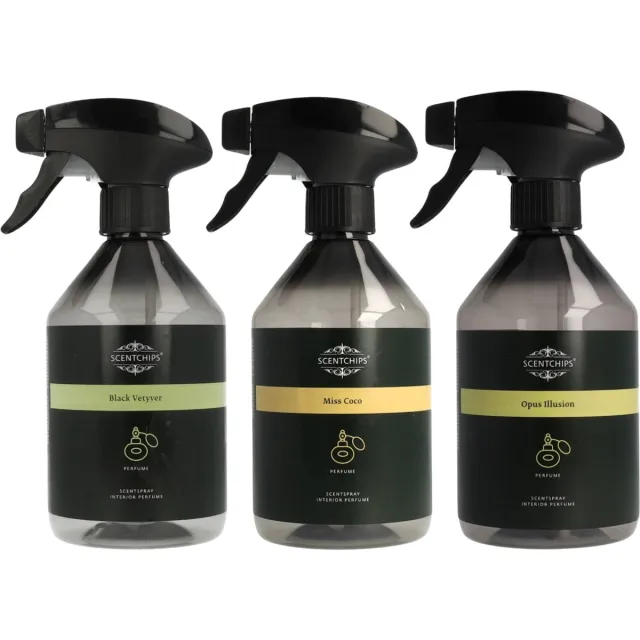 Scentchips Black Vetyver + Miss Coco + Opus Illusion Interieurspray Set - Roomspray – Huisparfum – Huisspray – Geurspray – Set van 3 - 500ML Zwart