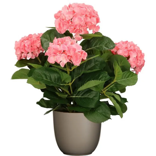 Mica Decorations Hortensia kunstplant/kunstbloemen 45 cm - roze - in pot taupe mat - Kunst kamerplant
