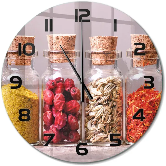 TULUP Wandklok - Kleurrijke specerijen Klok Glas Met Opdruk - fi60 cm - Veelkleurig Moderne Wandklok Glas - Zwarte handen - Ronde Klok - Decoratieve Glazen Klok - Glazen Wandklok Design