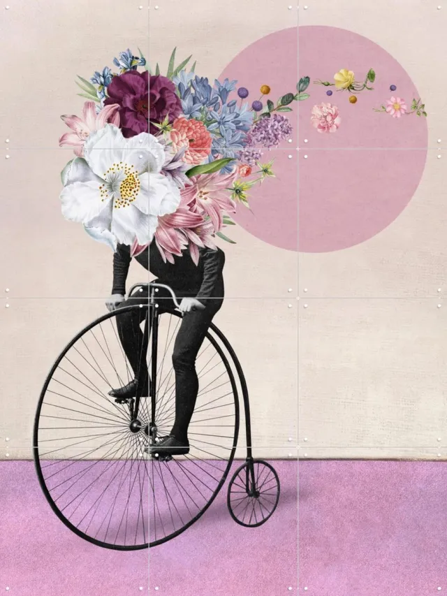 IXXI Spring Bikerides, Marja van den Hurk - 60 x 80 cm - Grote wanddecoratie en posters - Vintage, Gemengde Technieken, Retro, Studeerkamer, Trap Roze