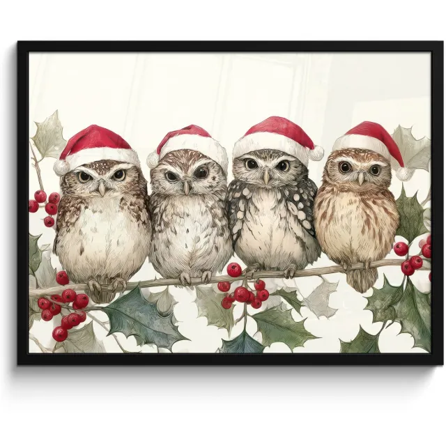 FrameYourWall Poster in lijst - Fotolijst 70x50 cm - Posters - Uilen - Tak - Hulstblaadjes - Kerstmuts - Posterlijst zwart - Decoratie - Wanddecoratie woonkamer - Muurdecoratie slaapkamer - Kerstversiering - Kerstdecoratie voor binnen - Kerstmis
